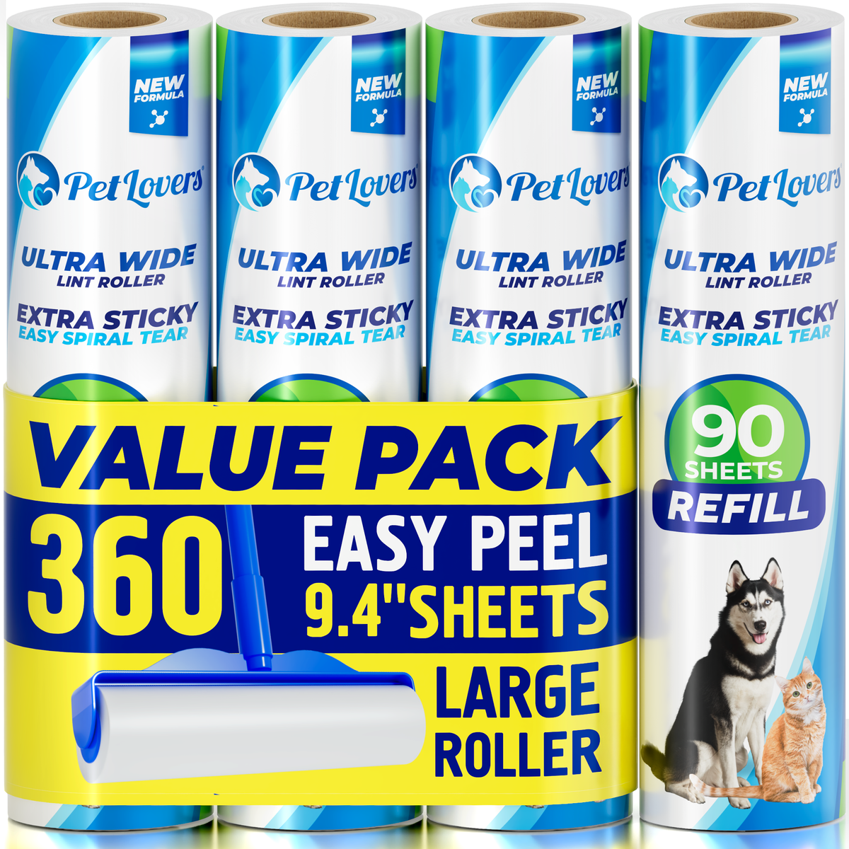PetLovers Extra Sticky Floor Lint Roller 4 Pack of Refills Only - No Handles Included - 360 Sheets