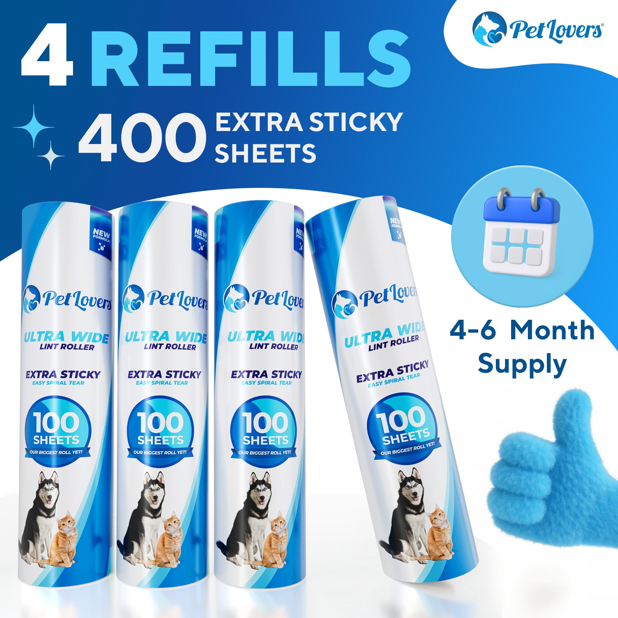 PetLovers Extra Sticky Floor Lint Roller 4 Pack of Refills Only - No Handles Included - 400 Sheets