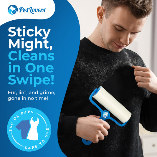 Extra large lint roller removing pet hair from furniture